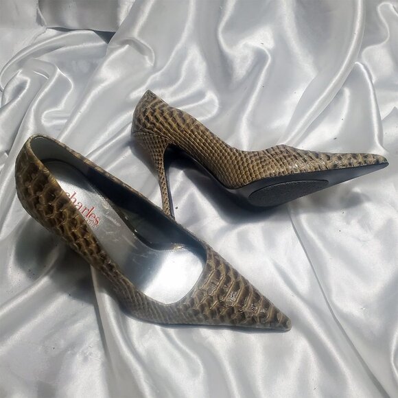 CHARLES BY CHARLES DAVID brown tan croc leather pointy toe high heel pumps SZ 7 - Picture 3 of 5